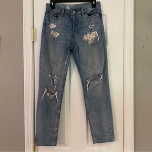 Free People Distressed Ella Blue Jeans Boyfriend Crochet Lace Detail Size 24